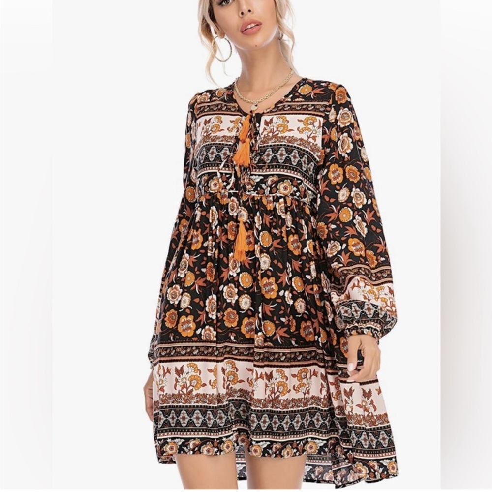 R. Vivimos  Long Sleeve Floral Fall Print Cotton Mini Tunic Dress size S (4/6)